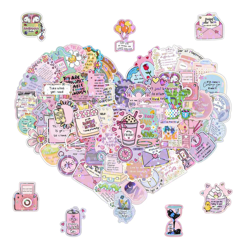 100/200PCS Cute Text Quotes Aesthetic Laser Stickers Notebook Water Cup Desktop Computer Decoration Reward Stickers