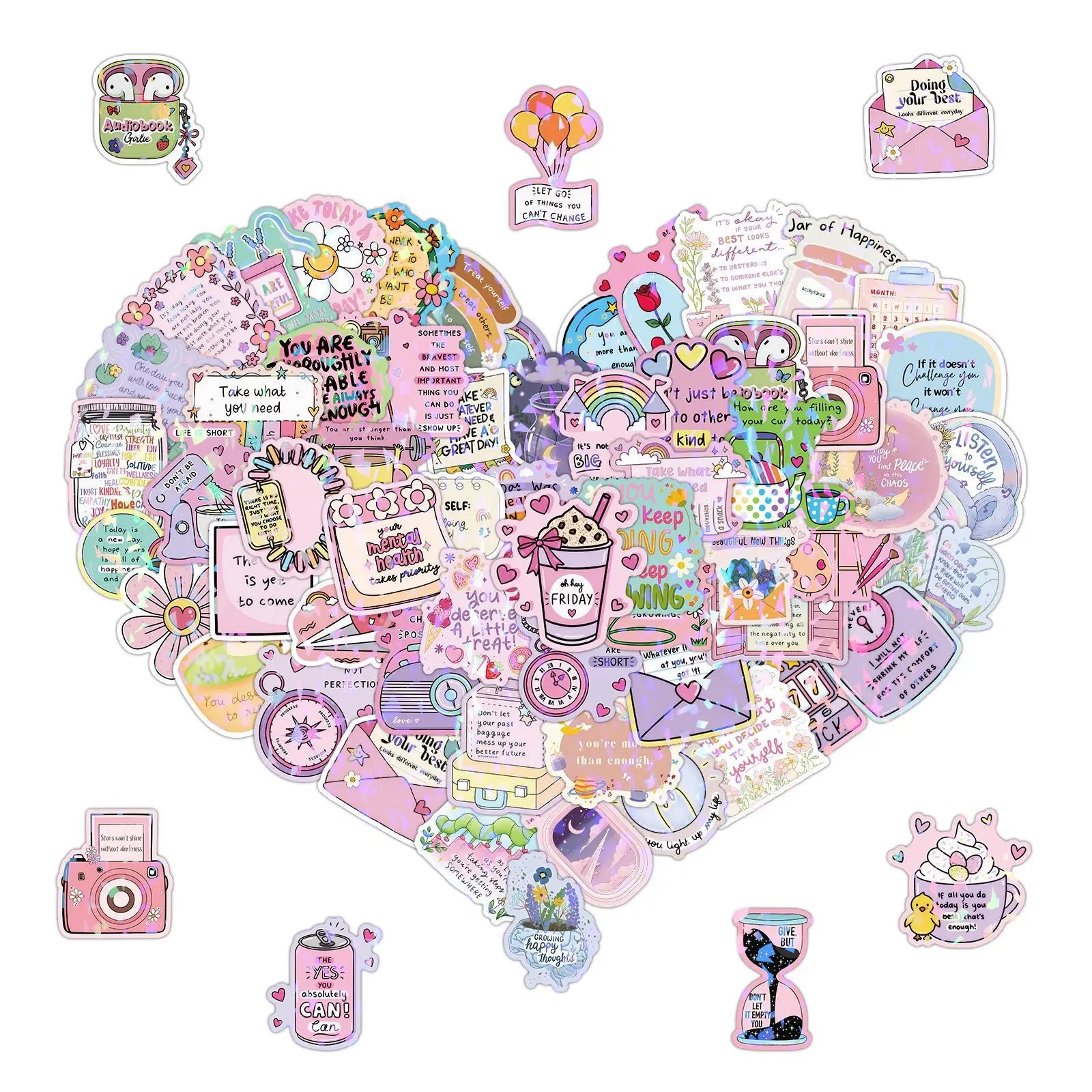 100/200PCS Cute Text Quotes Aesthetic Laser Stickers Notebook Water Cup Desktop Computer Decoration Reward Stickers