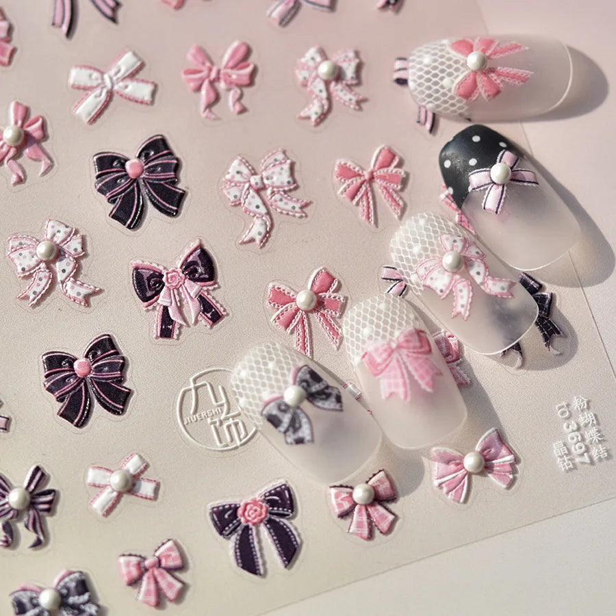 Sweet Pink Black Bow Kont Nail Charms Stickers 5D Luxury Crystal Diamond Nail Sticker Retro Ribbon Bow Adhesive Manicure Decals