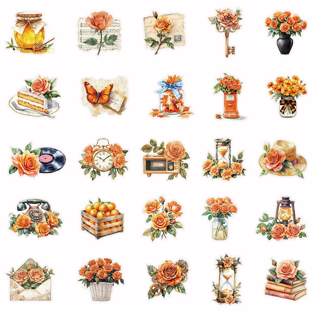 10/30/50Pcs Transparent PET Vintage Orange Stickers Books Luggage Stickers Phone DIY For Stationery Decor