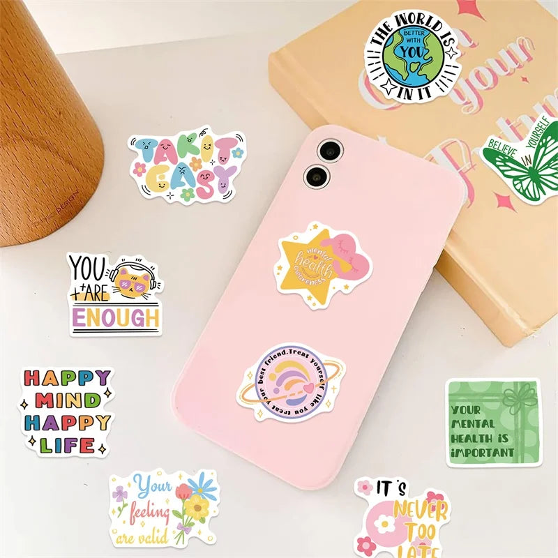10/30/50PCS Cartoon Mental Health PVC Sticky Sticker Aesthetic DIY Stationery Decoration Scrapbooking School Supplies for Kids
