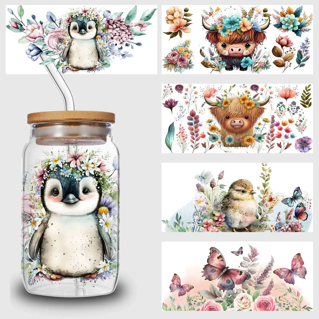 5 Sheets Animal UV DTF Cup Stickers, Glass DTF Transfer Stickers, Waterproof Wipe Transfer Paper for 16 oz Glass, Cups,