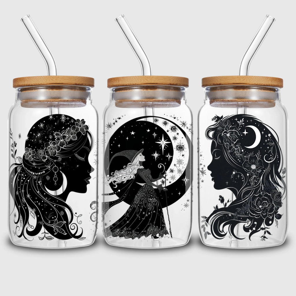 5 sheets Moon Witch UV DTF Cup Stickers, DTF Transfer Stickers, Waterproof Wipe-Off Transfer Paper for 16oz Glass, Mug, Crafts