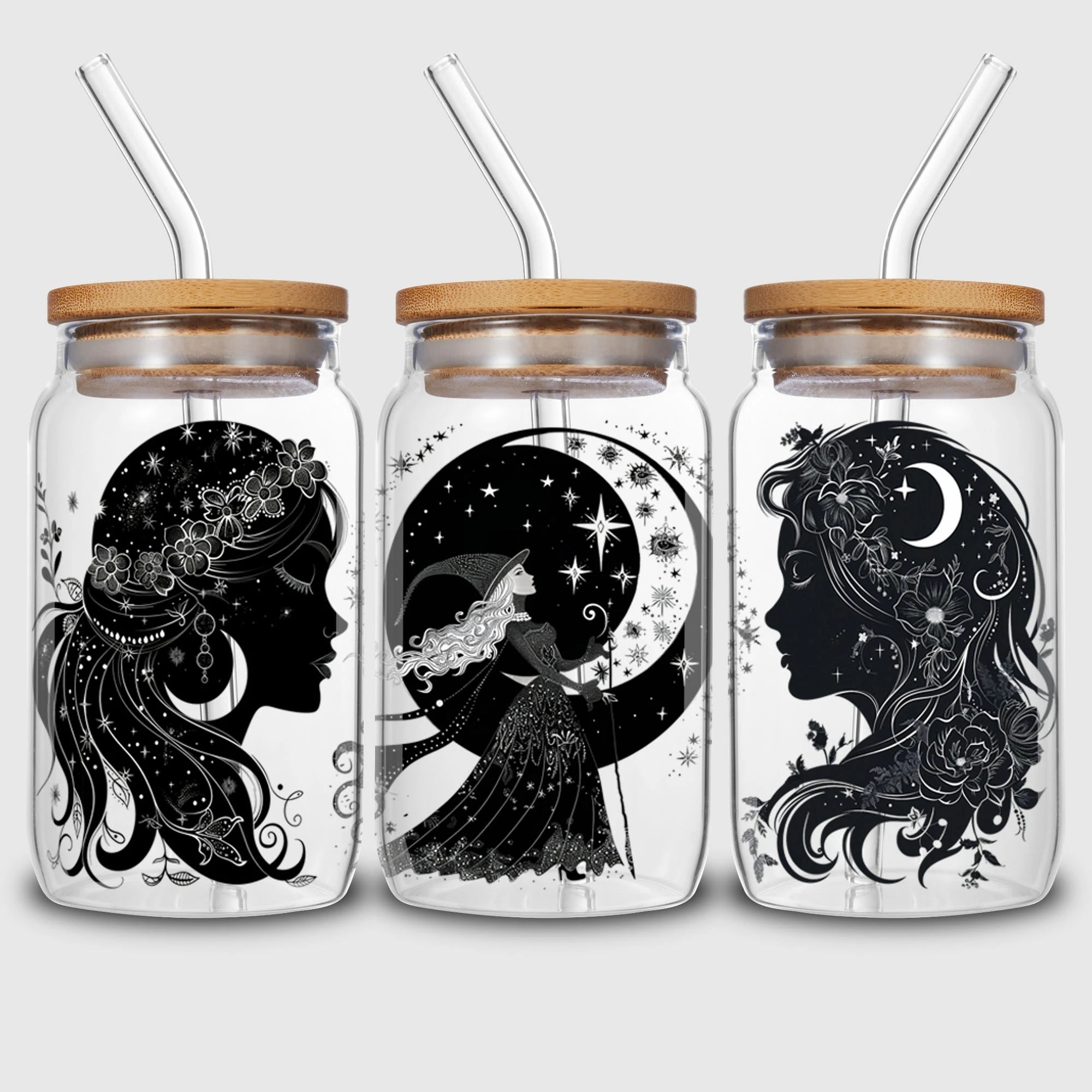 5 sheets Moon Witch UV DTF Cup Stickers, DTF Transfer Stickers, Waterproof Wipe-Off Transfer Paper for 16oz Glass, Mug, Crafts