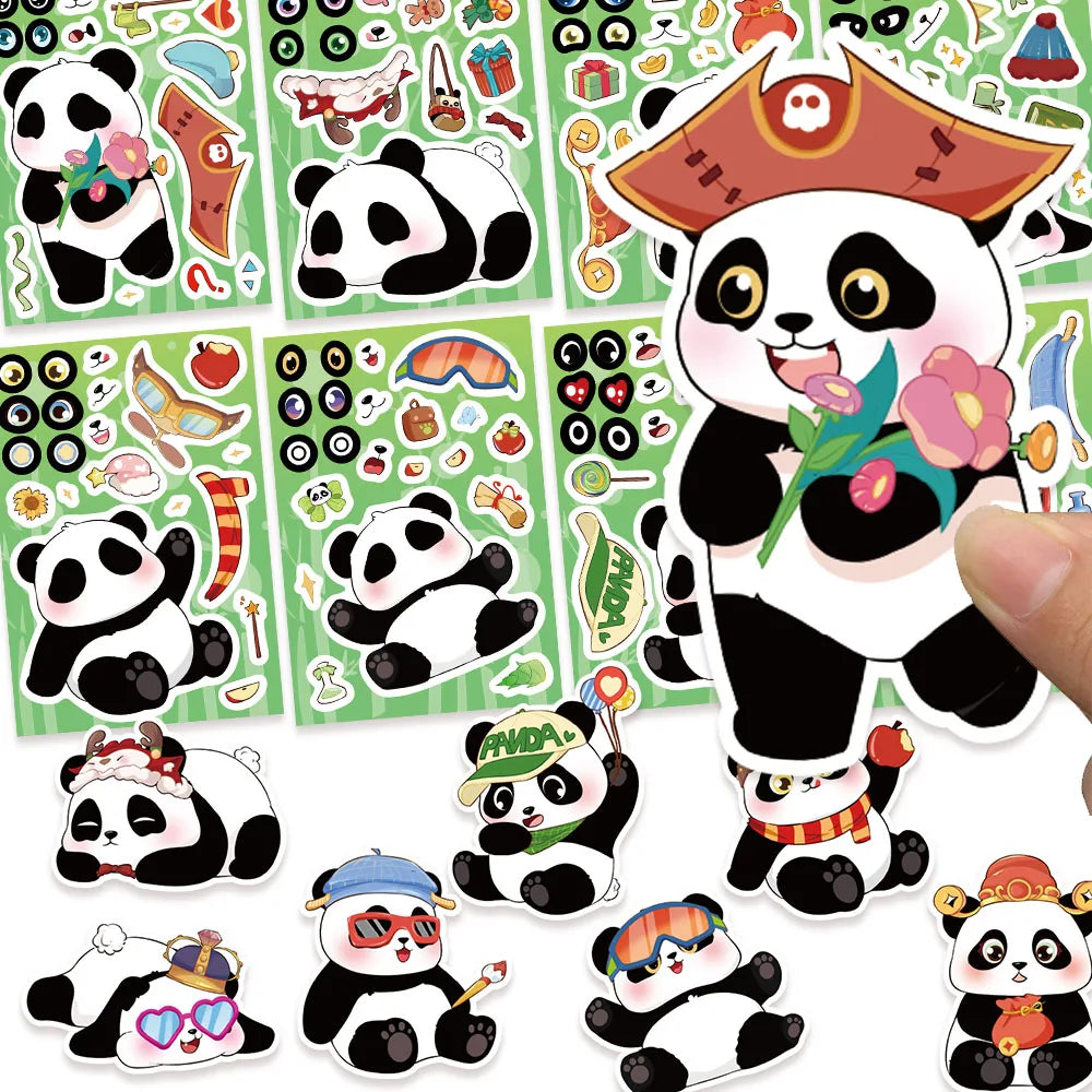 8PCS Cartoon Cute Panda Collage Toy DIY Puzzle Stickers Luggage Tablet Computer Speaker Skateboard Waterproof Stickers