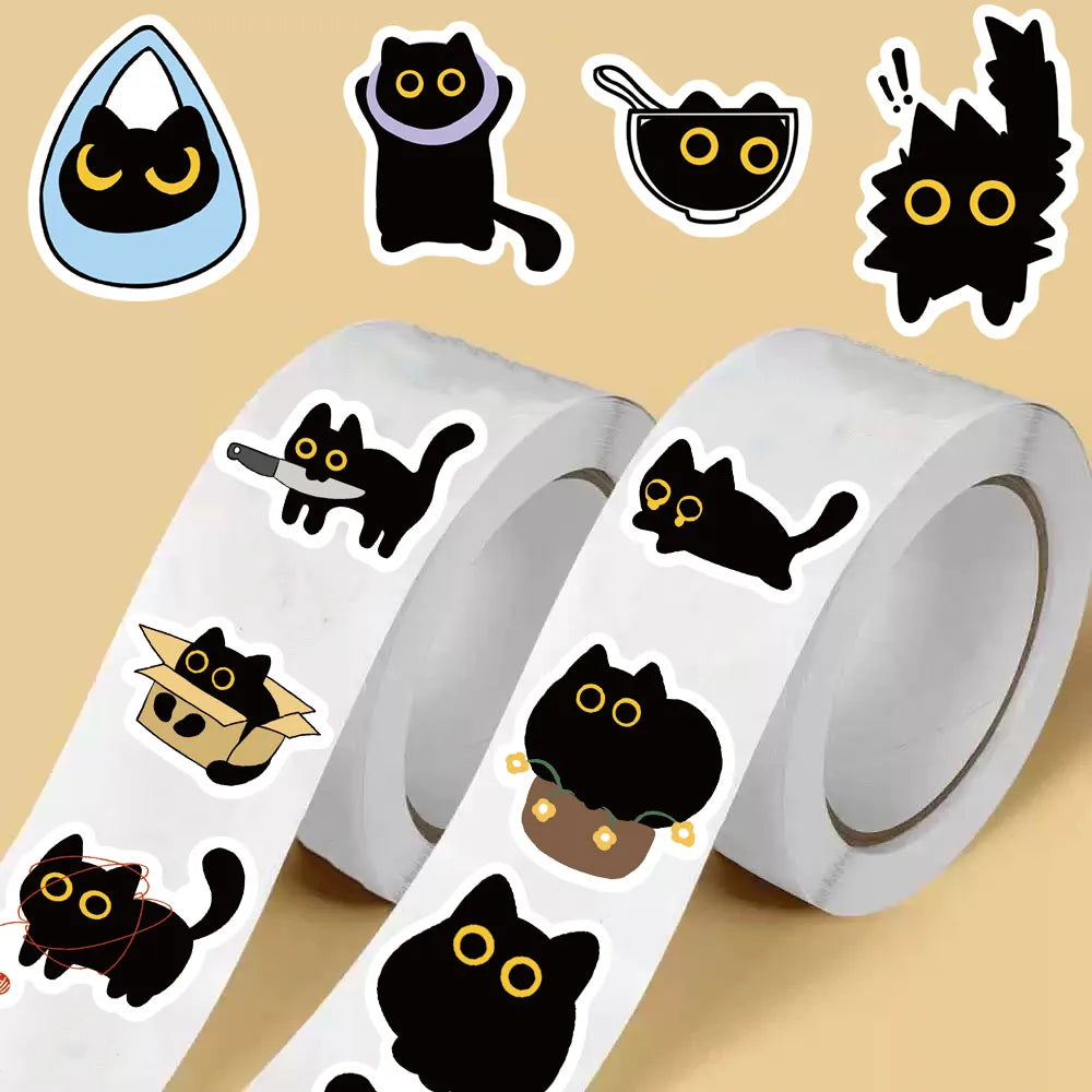 500PCS Black Cat Roll Stickers Scrapbooking Phone Coffee Laptop Luggage Skateboard Harajuku Stickers For Waterproof Decoration