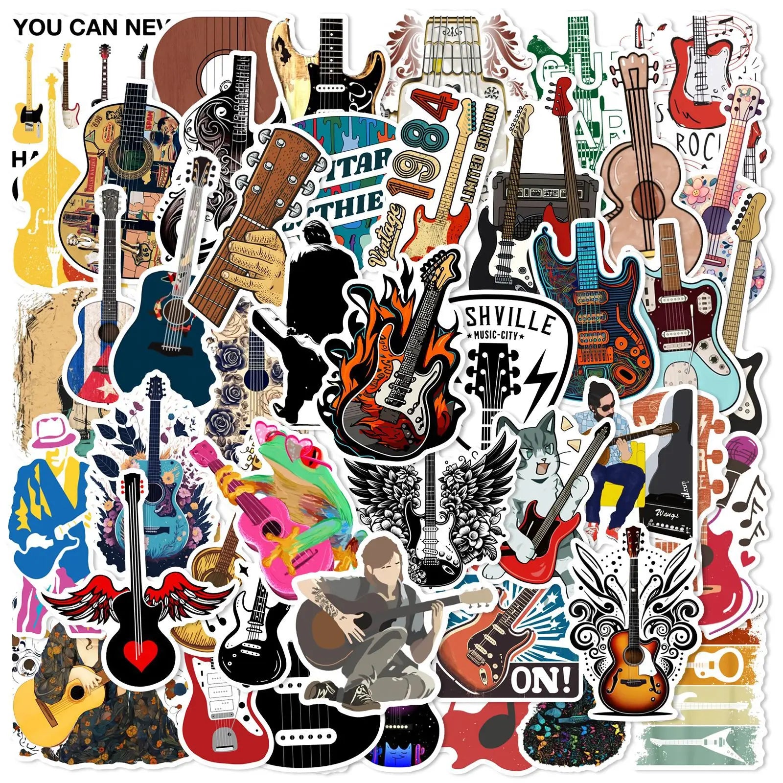 50/100 Pcs Reusable Trendy Guitar Instrument Doodle Stickers for DIY Notebook Scooter Guitar Piano Helmet Car Suitcase Decals