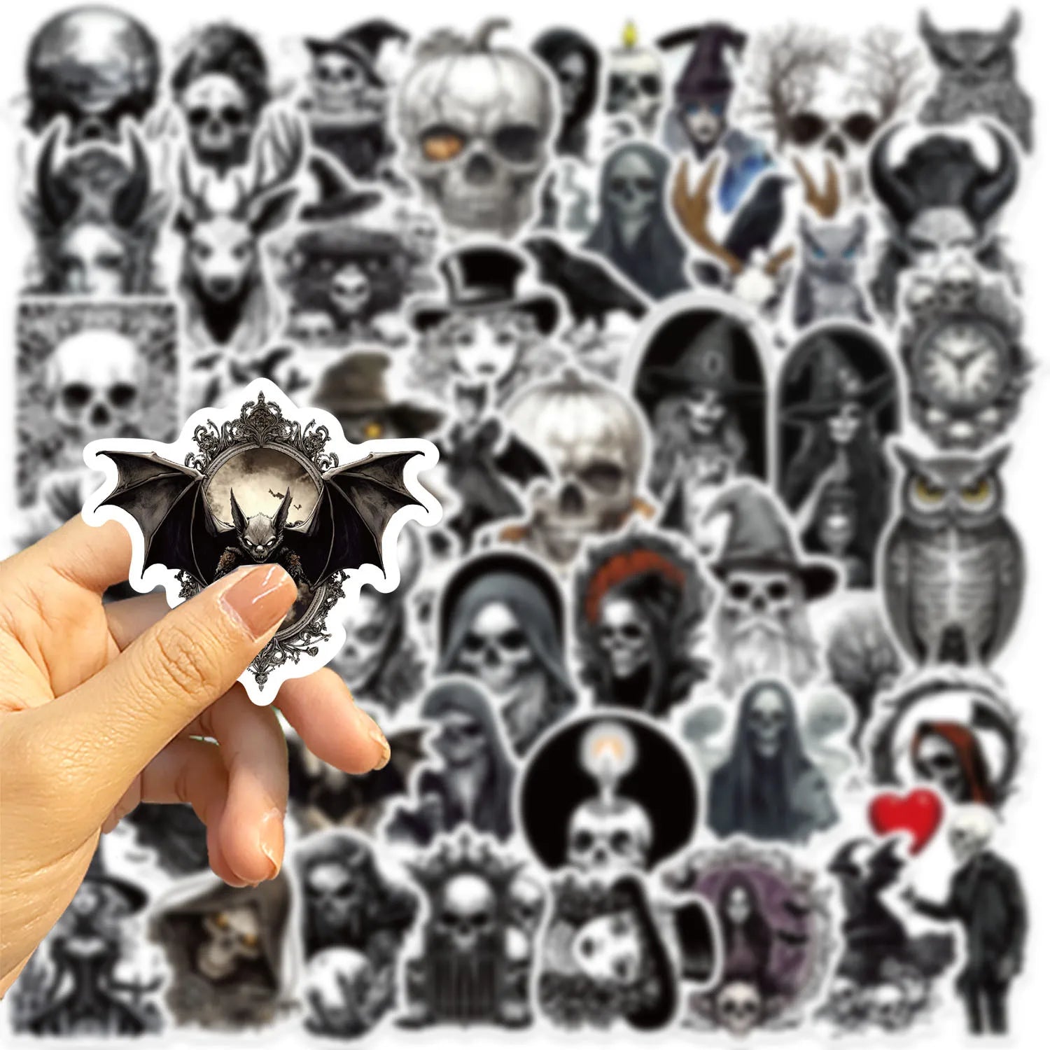 50 Pcs Cartoon Black & White Skeleton Graffiti Stickers Decorate Guitar Notebook Luggage DIY Waterproof Stickers For Gifts