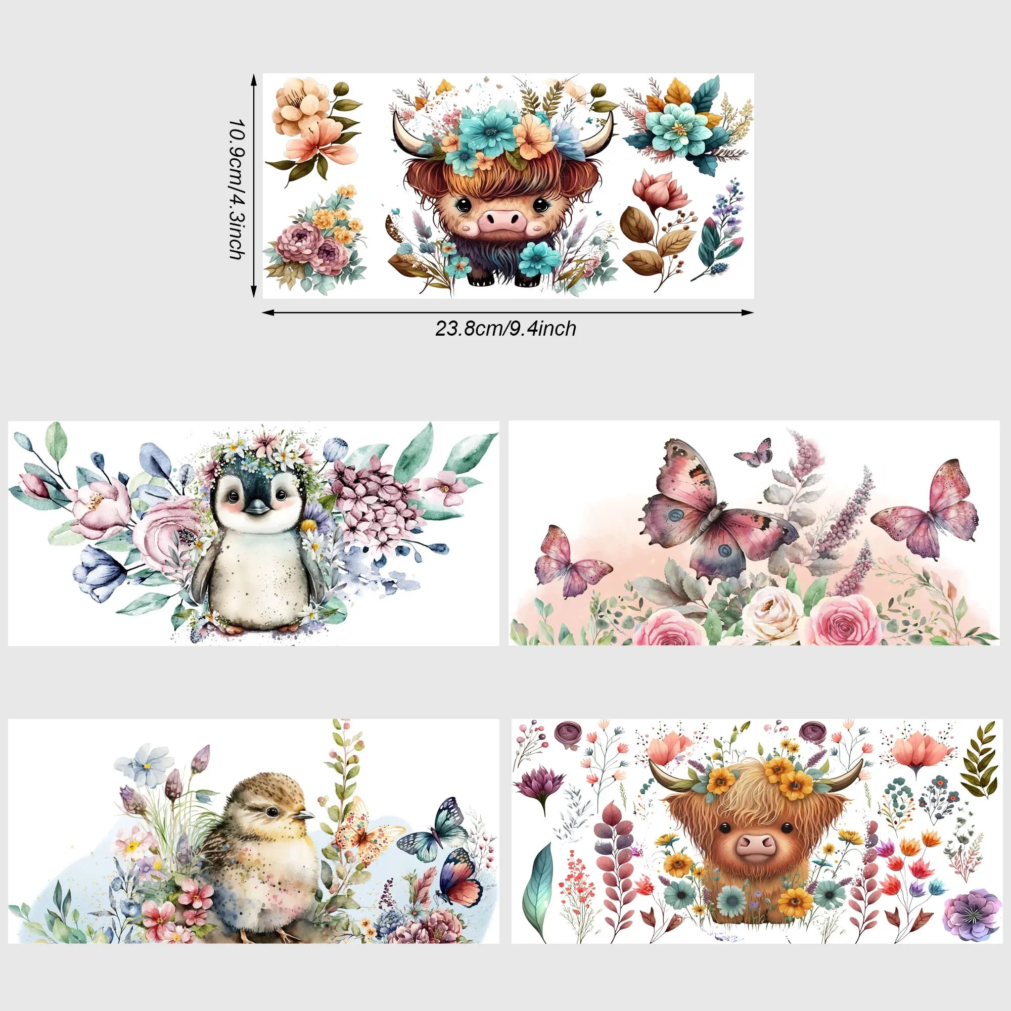 5 Sheets Animal UV DTF Cup Stickers, Glass DTF Transfer Stickers, Waterproof Wipe Transfer Paper for 16 oz Glass, Cups,