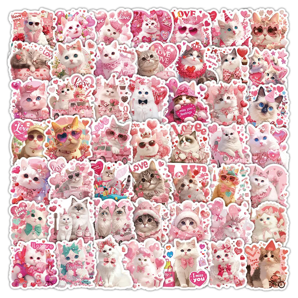 50-Pack Pink Valentine's Day Cat Doodle Stickers Waterproof Cute Decorations for Water Bottle Guitars Mobile Tablet Luggage