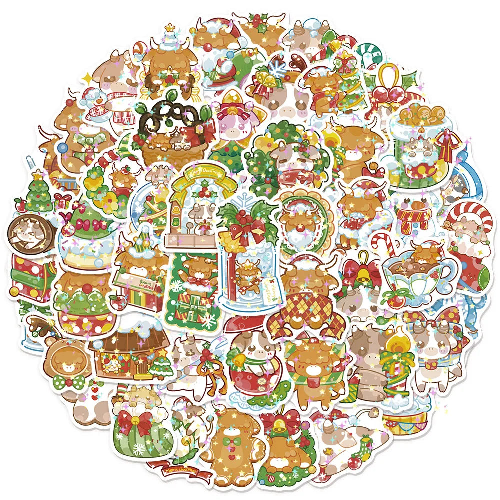 50PCS Christmas Cute Shining Little Cow Sticker Manual Laptop Guitar Luggage Bicycle Skateboard Waterproof Sticker Toy