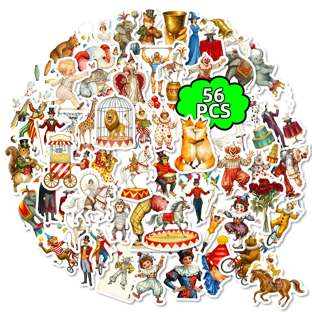 56PCS Circus Clown Animal Vintage Cartoon Stickers, Notebook Phone Suitcase Kids Stationery Creative Waterproof Stickers