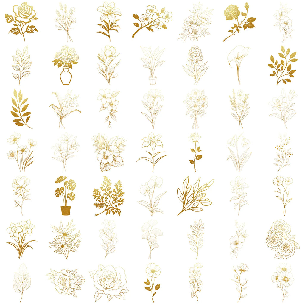 50 Pcs Cartoon Golden/Green Plant Stickers Pack, Waterproof Transparent PET Feather Scrapbook for Guitar Notebook Stationary