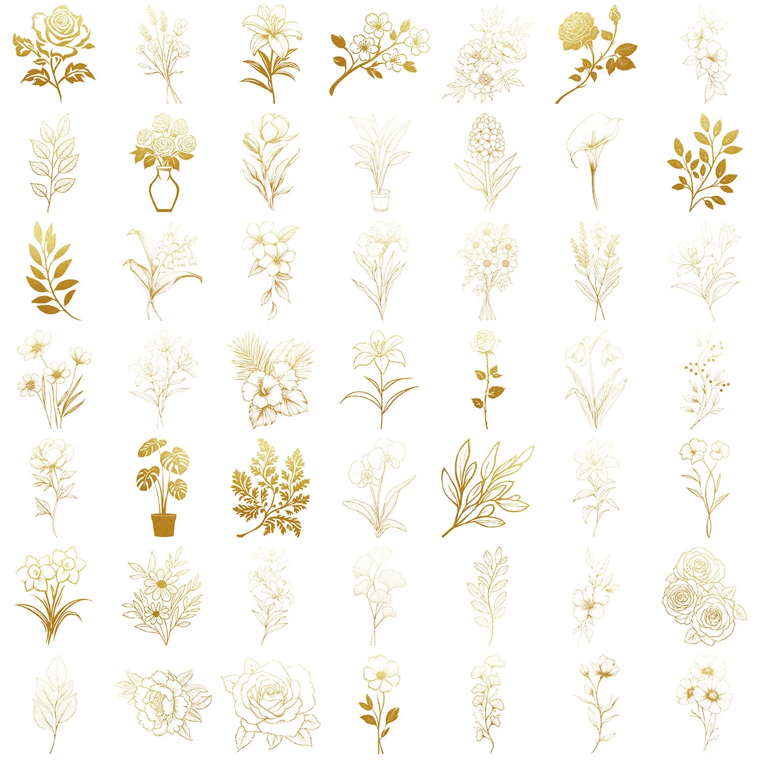 50 Pcs Cartoon Golden/Green Plant Stickers Pack, Waterproof Transparent PET Feather Scrapbook for Guitar Notebook Stationary