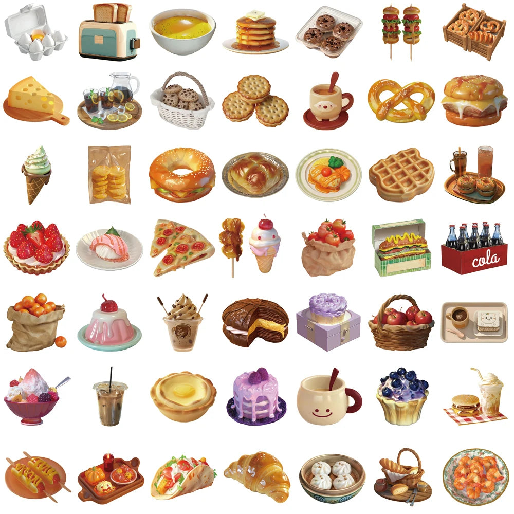 50Pcs Ins Style Food Print Sticker Creative Harajuku Pack For Phone Suitcase Guitar PET Bookkeeping Material DIY Vintage Sticker