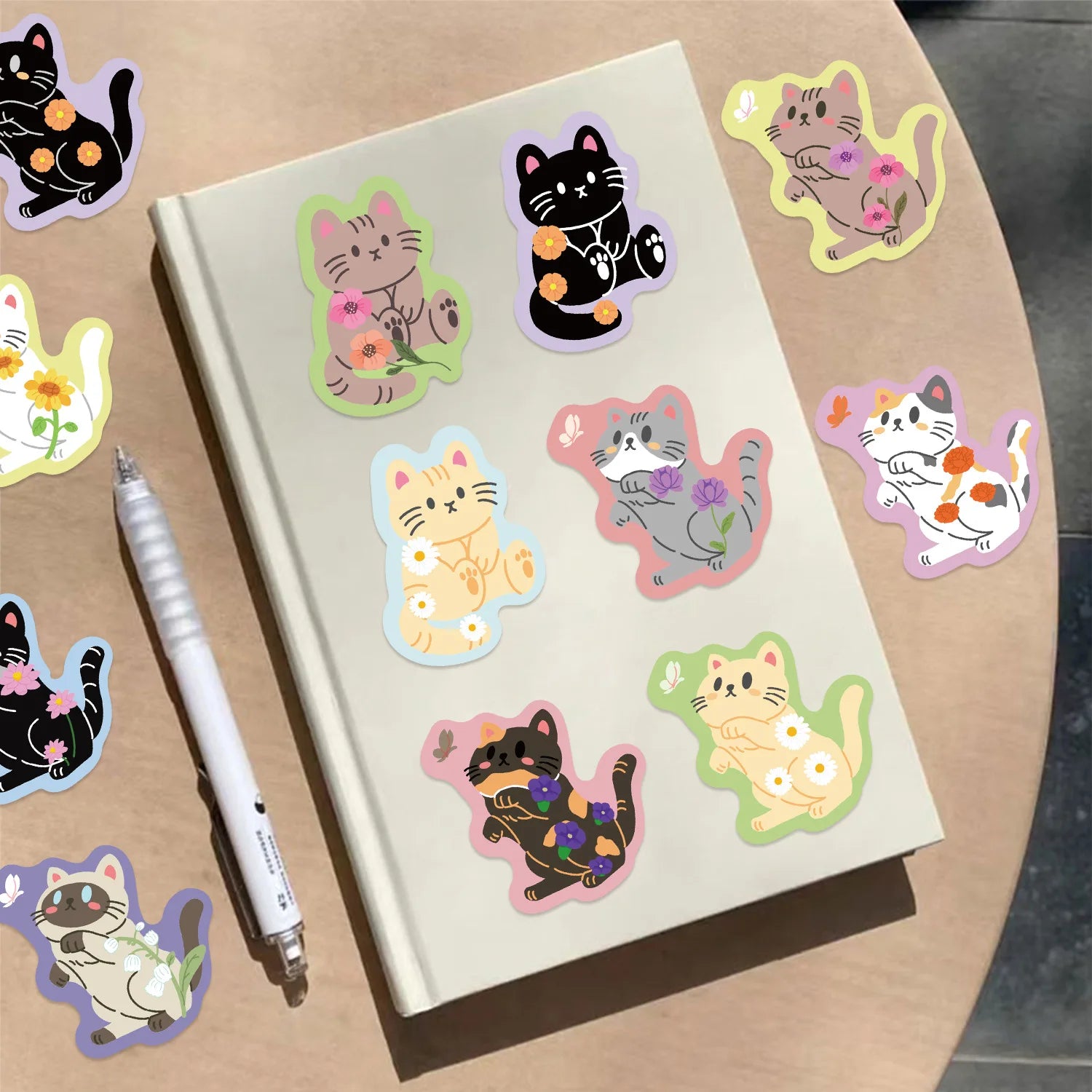 50/100PCS Colorful Edge Flower Cat Cartoon Image Graffiti Stickers Trolley Box Diary Waterproof Stationery Decorative Sticke