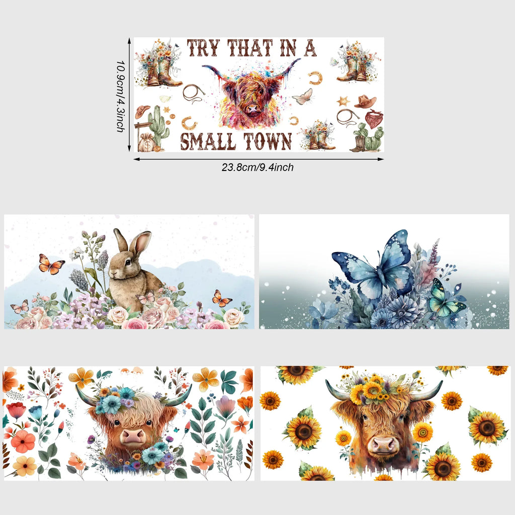 5 Sheets Animal UV DTF Cup Stickers, Glass DTF Transfer Stickers, Waterproof Wipe Transfer Paper for 16 oz Glass, Cups,