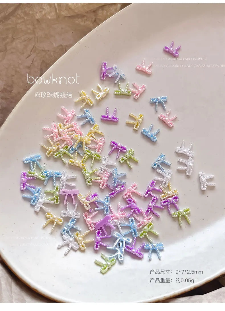 Pearlescent Bow Pearl Nail Art Accessories Mixed Colors Ribbon Bow ties Nail Charms Flatback Resin Nail Rhinestones Decorations