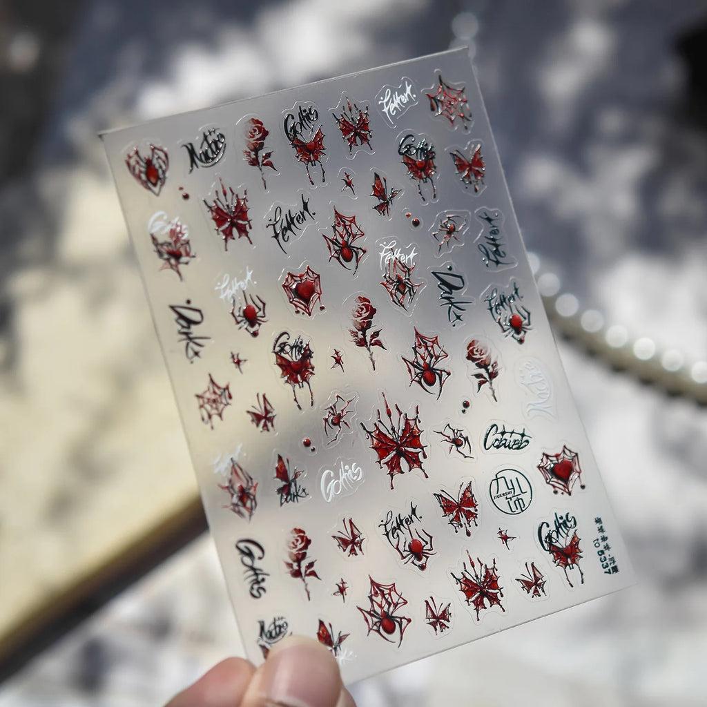 Halloween Stickers 5D Embossed Dark Castle Flower Window Butterfly Rose Spider Nail Art Stickers Decals DIY Nails 3D Decorations