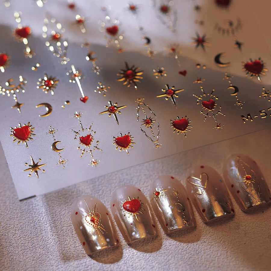 Totem Geometric Symbols Star Moon Nail Art Stickers 5D Gold-embossed Self Adhesive Nails Sticker Luxury Red Gemstone Nail Decals