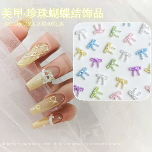 20pcs Mini Nail Charms Trendy Bow and Pearl Love Heart Nail Art Accessories Multi Colors Ribbon Bow ties Resin Nails Decoration