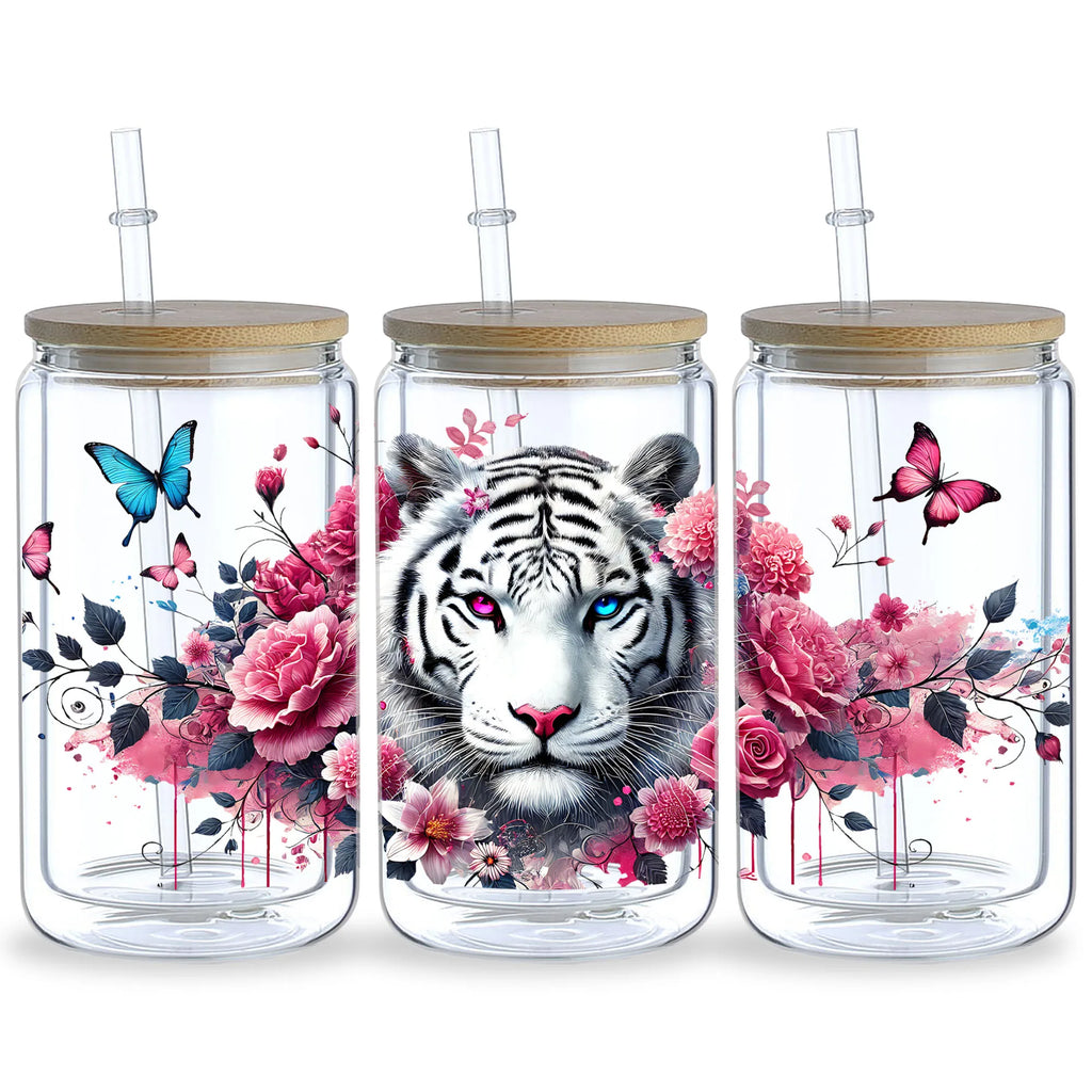 5 sheets Tiger UV DTF Cup Stickers, Glass Cup DTF Transfer Stickers, Waterproof Cartoon Wipeable Transfer Paper