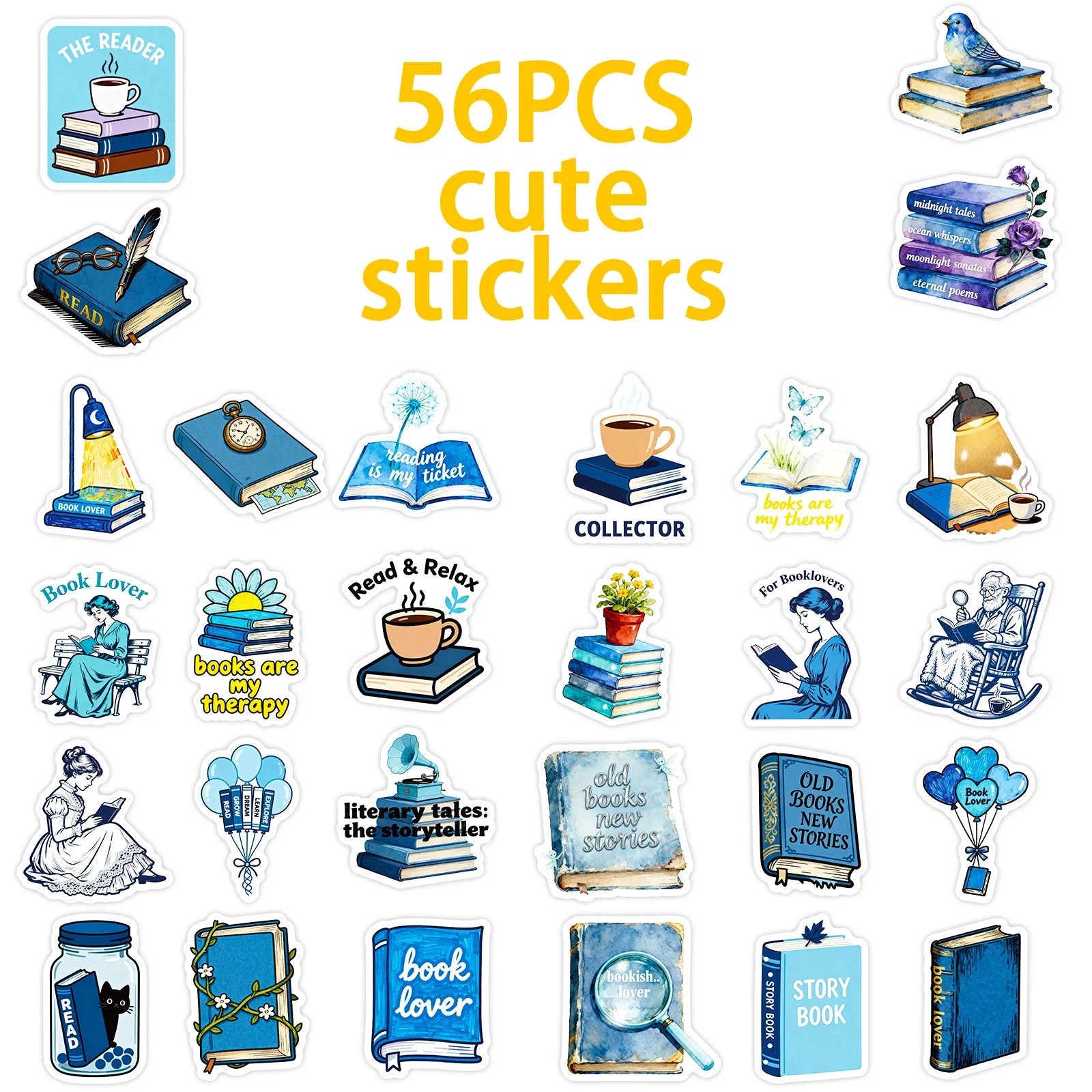56PCS Bookshelf Therapy Doodle Stickers, Blue Reading Theme Student Stationery Notebook Suitcase DIY Decorative Art Sticker