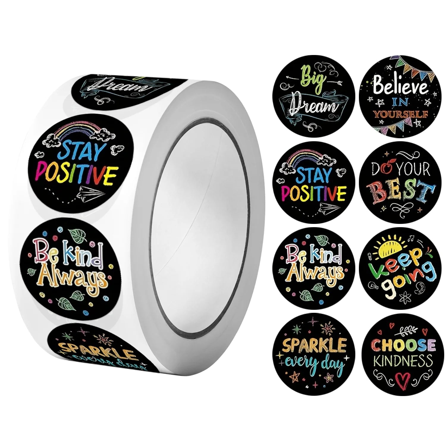 1Roll(500Pcs) Black Encourage Words Stickers 1.0'' Round 8 Designs Decal for Kids Students Teacher Reward School Supplies