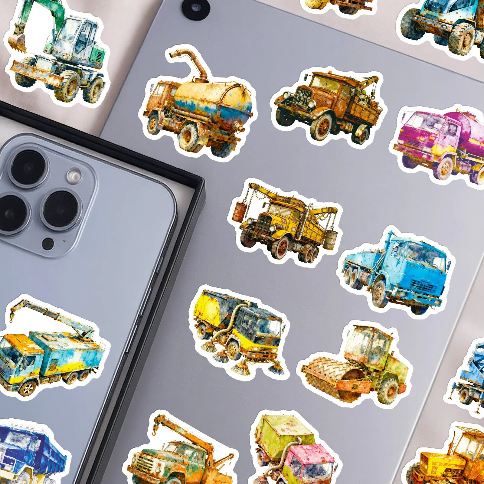 56PCS Vintage Construction Truck Watercolor Stickers Childred DIY Art Decals Notebook Phone Case Tablet Suitcase Sticker