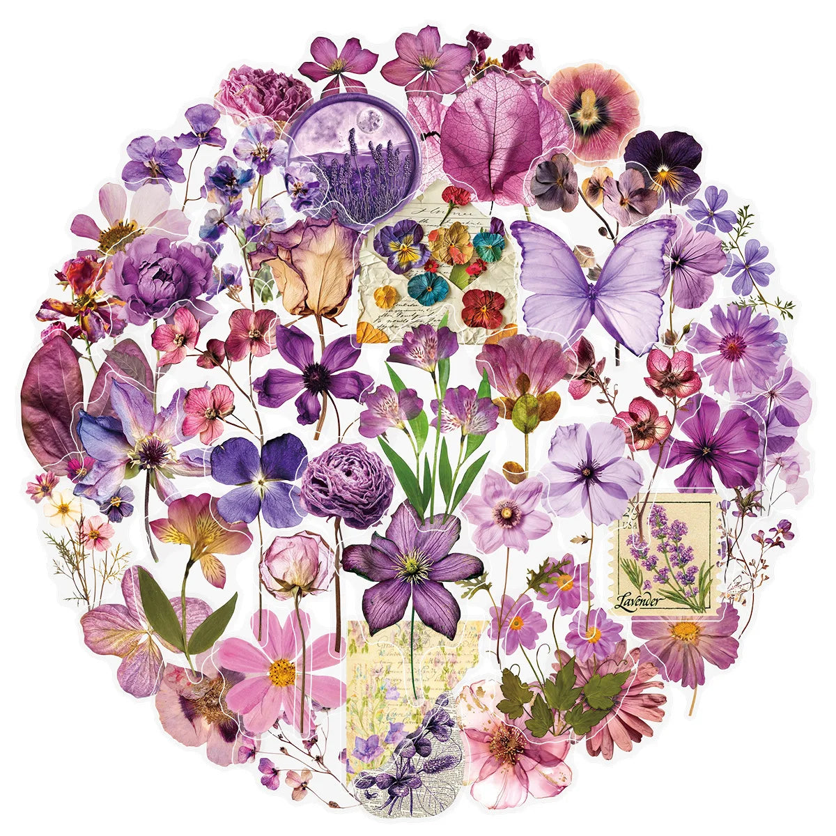 50/100PCS Transparent PET Purple Flower Stickers Pen Holder Notebook Tablet Water Cup Stationery Decorative Waterproof Stickers