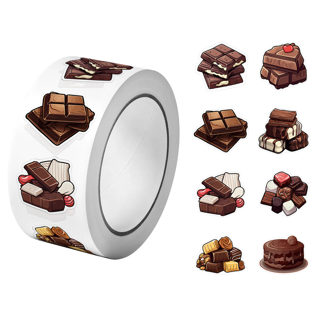 1Roll(500Pcs) Sweet Chocolate Dessert Pattern Stickers 2.5cm/1.0'' 8 Designs Decals Diy Adorn Gifts Suitable for Gift Home Decor