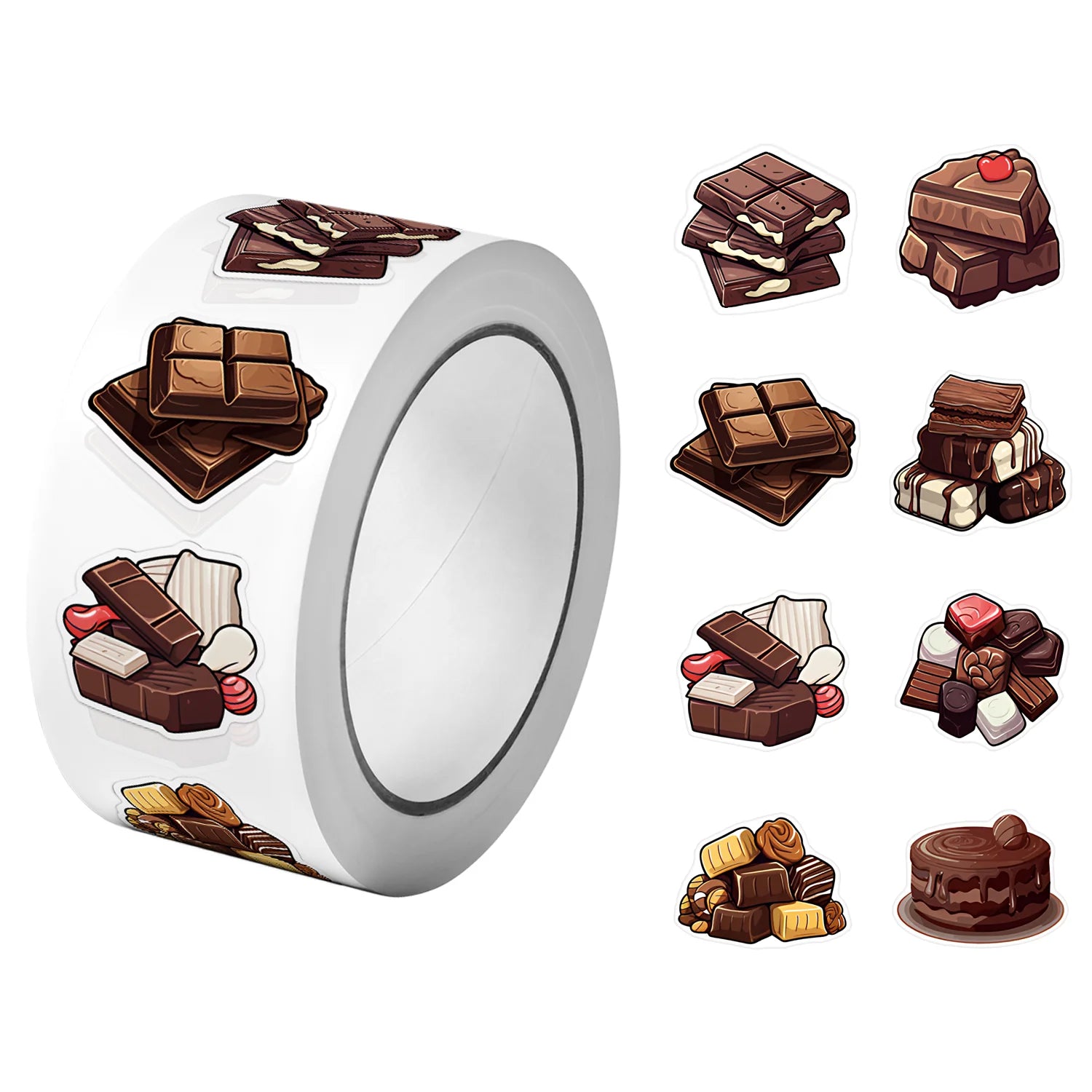 1Roll(500Pcs) Sweet Chocolate Dessert Pattern Stickers 2.5cm/1.0'' 8 Designs Decals Diy Adorn Gifts Suitable for Gift Home Decor