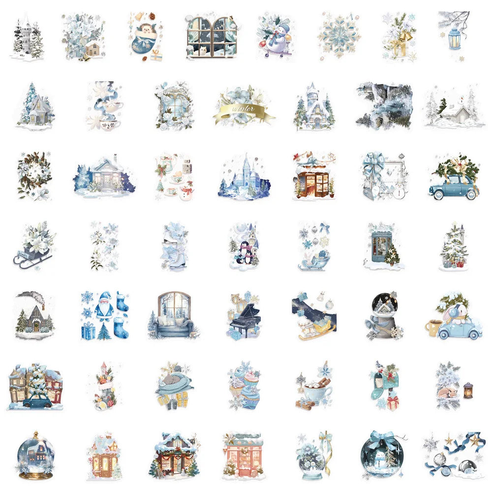 50PCS Winter Exquisite Watercolor Creative Sticker Pack DIY Scrapbook Phone Case Laptop Tablet Decoration PET Stickers