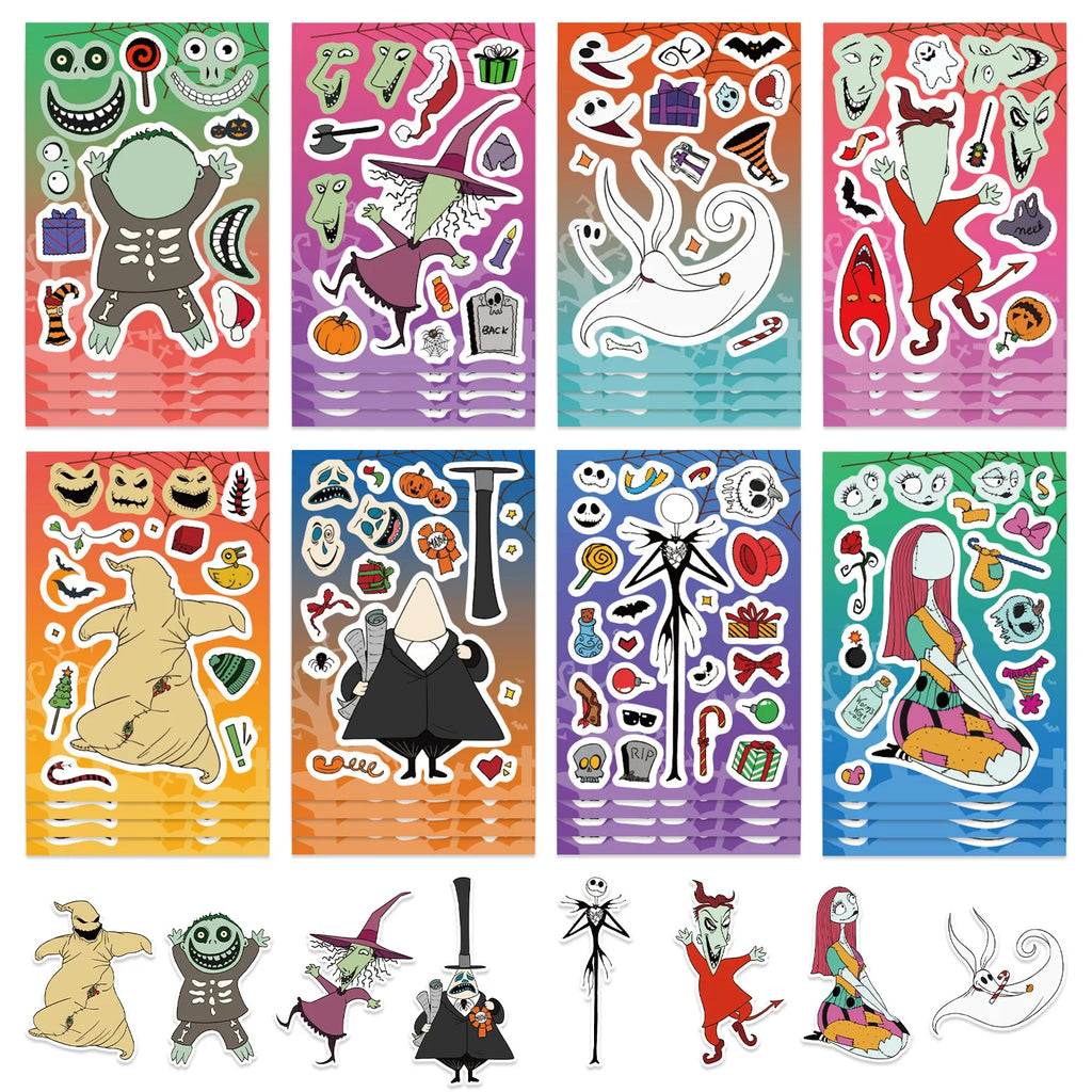8/16/24PCS Cartoon Halloween Horror Night Face Changing Collar DIY Phone Notebook Decoration Waterproof Stationery Sticker