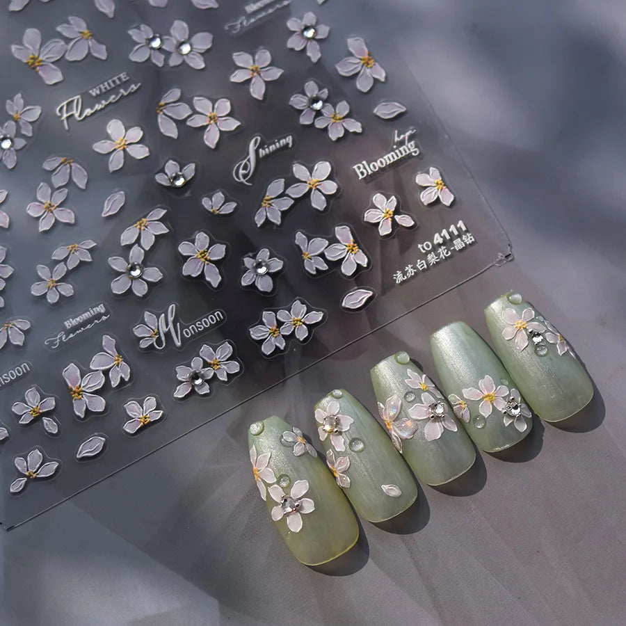 Exqusitive Fringed White Pear Blossom Nail Decorations Stickers Crystal Diamond Pink Flowers Back Glue Nail Decals DIY Accessory