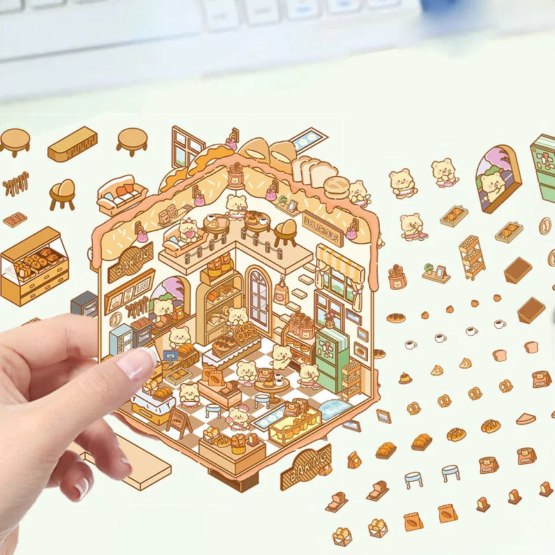 3D Cartoon Landscape Stickers Sakura Hot Spring Sake House Miniature World Stereoscopic Cabin Decompression DIY Scene Sticker