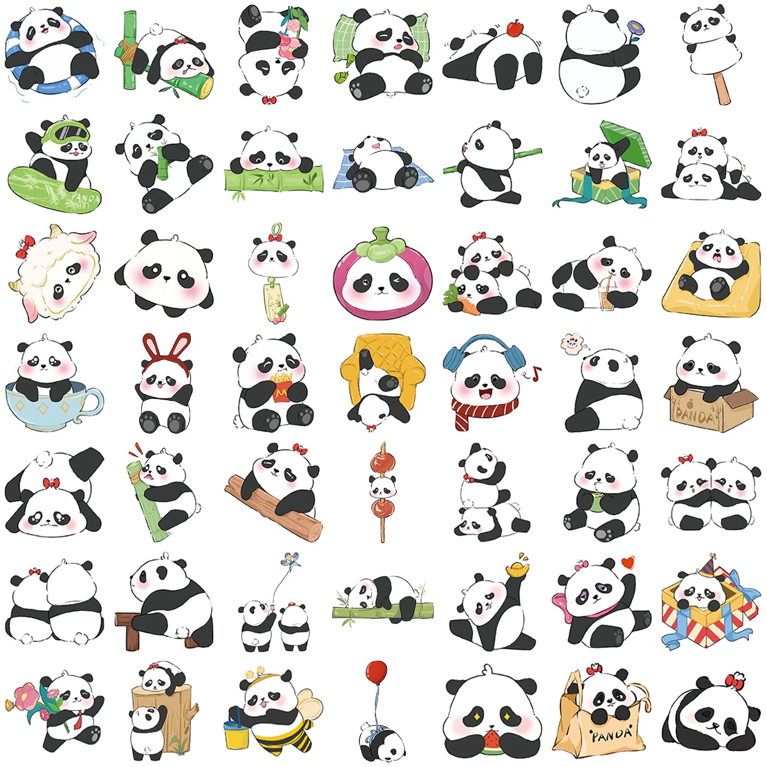 50pcs Cute Cartoon Panda Stationery Decor Vinyl Waterproof Stickers For Kids Gifts