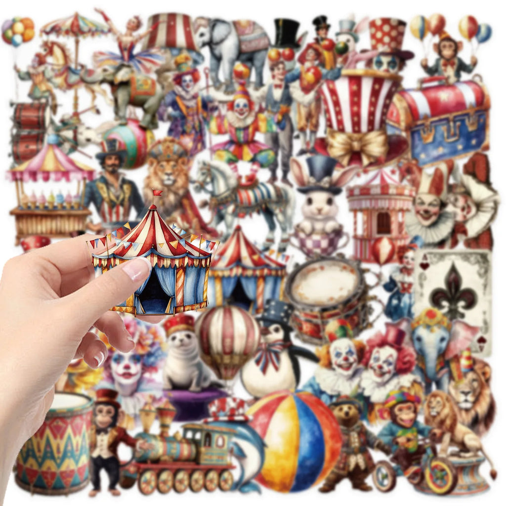 50/100PCS Transparent PET Cartoon Circus Sticker Pack Waterproof Transparent Decorative Guitar Notebook Stationery Stickers