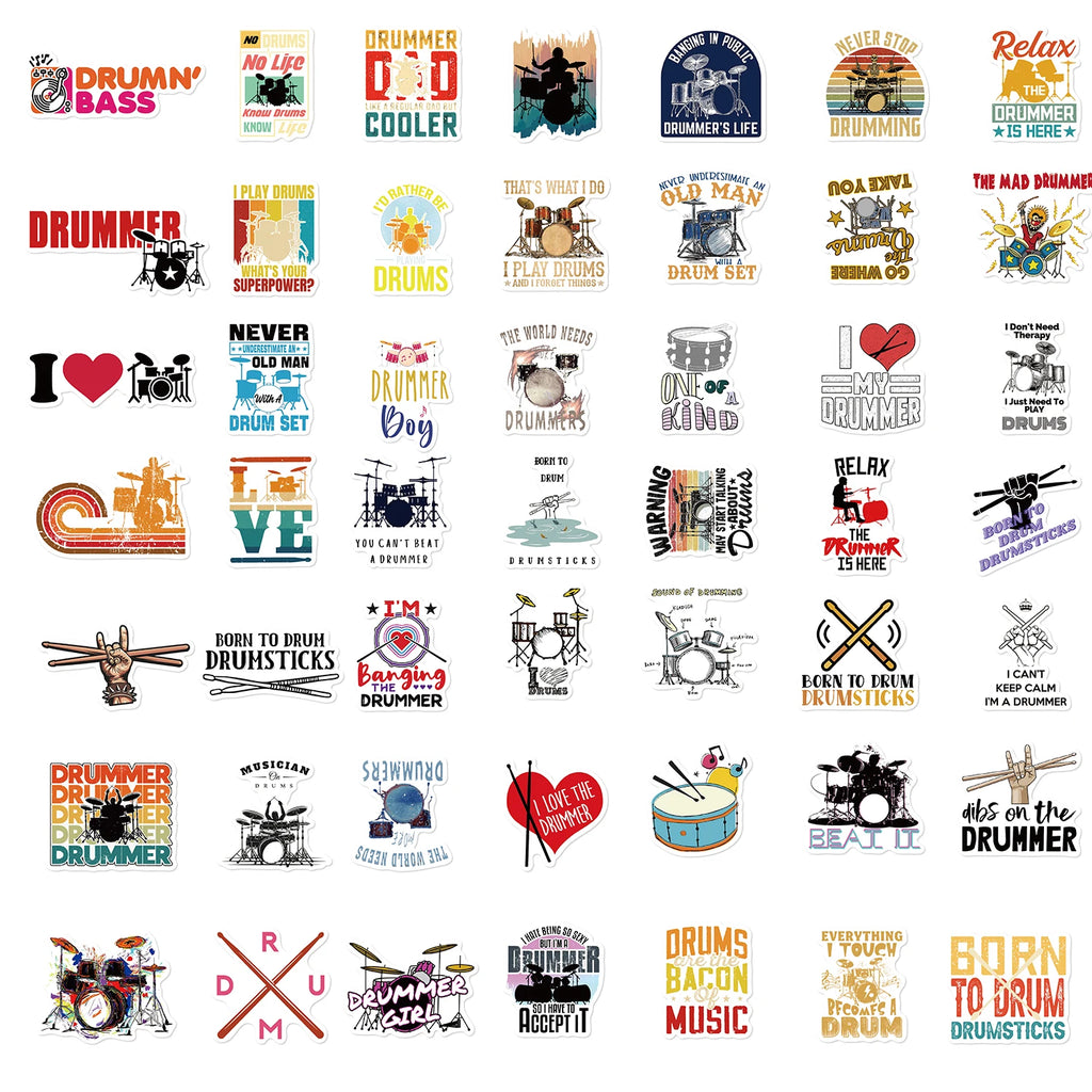 50pcs Drummer Rock Musician Sticker Nostalgia Waterproof Community Fruits Phone Banner Skateboard Luggage Car Dormitory Stickers