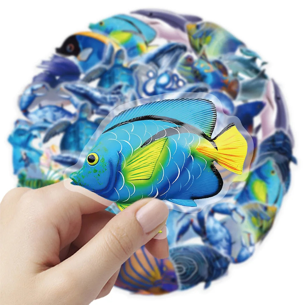 50PCS Cartoon Underwater World Marine Life Stickers PET Decor Phone Stationery Box Waterproof Stickers for Children Rewards