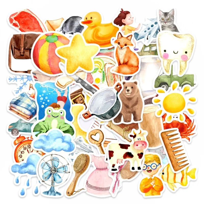 10/30/50PCS Cartoon Watercolor Sticky PVC Sticker Stationery DIY Laptop Luggage Skateboard Decoration Scrapbooking for Kids