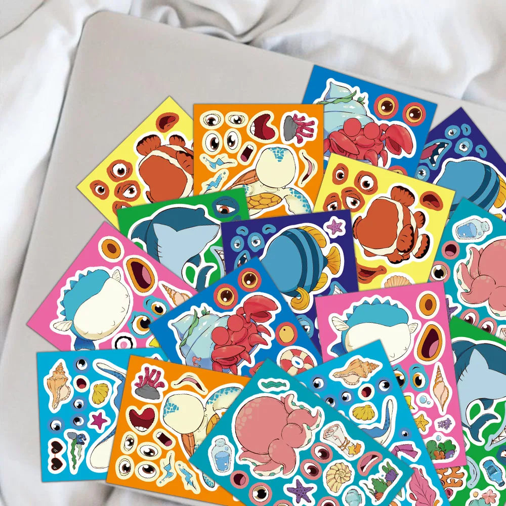 8PCS Cartoon Ocean Fish Animal Face Changing Graffiti Stickers Fun Stickers DIY Phone Case Laptop Water Cup Computer Toy Sticker