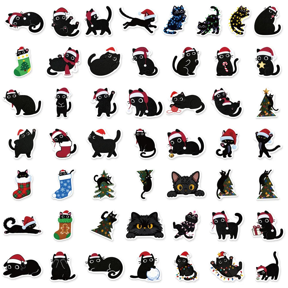 50PCS Cartoon Christmas Black Cat Reward Sticker Pack DIY Brochure Decorative Tablet Laptop Toy Stickers