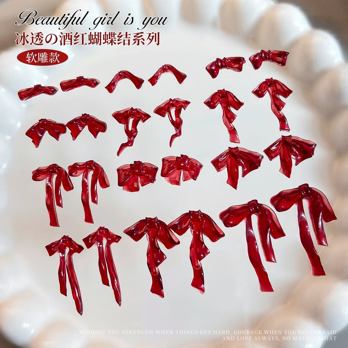 20pc Cute Pearlescent Soft Carving Ribbon Bow Nail Charms 2-21mm Mix Kawaii Bowknot Nail Rhinestones 3D Resin Manicure Accessory