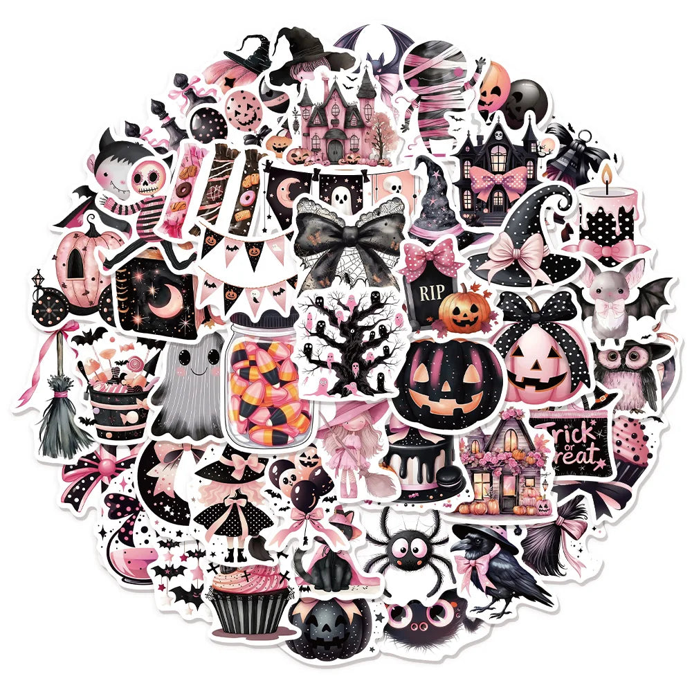 50PCS Cute Black Pink Halloween Fun Graffiti Stickers DIY Handmade Tags Book Roll Notebook Tablet Toy Stickers