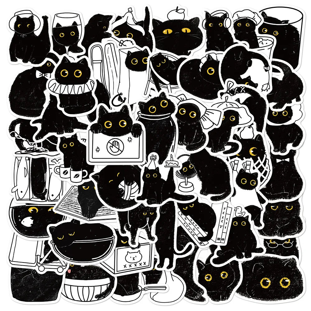 50PCS Black Cat Log Stickers Pack Cartoon Account Children Stickers Phone Water Cup Notebook Decoration