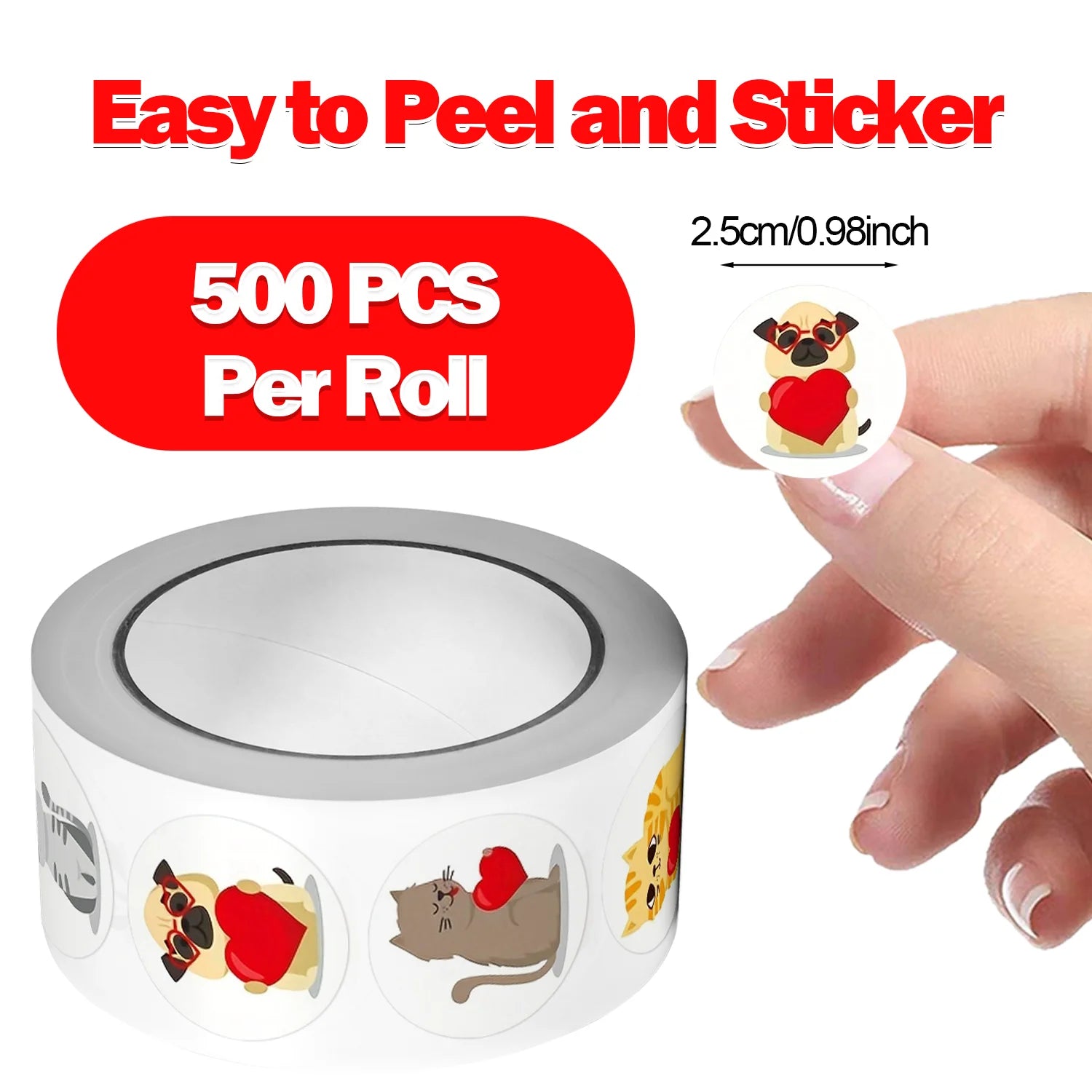 1Roll(500pcs) 1'' Round Cartoon Animals with Love  Stickers for Kids Teacher Reward School Supplies Animal Incentive Home Decor