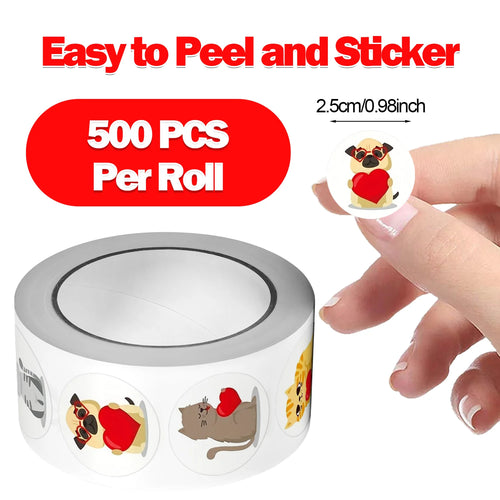 1Roll(500pcs) 1'' Round Cartoon Animals with Love  Stickers for Kids Teacher Reward School Supplies Animal Incentive Home Decor