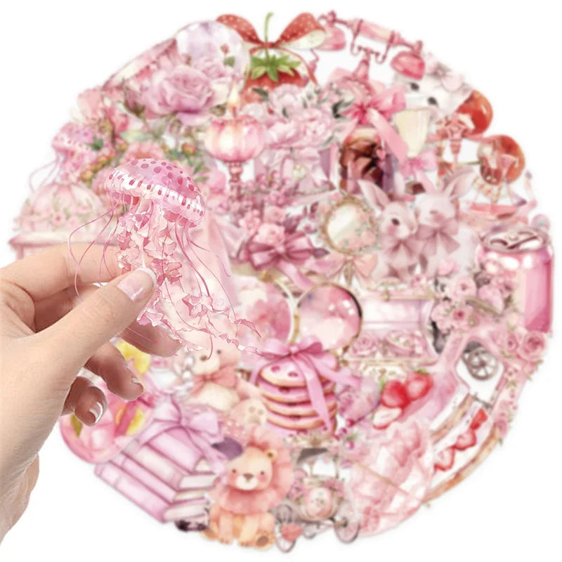 50PCS Cartoon Pink PET Sticky Sticker Aesthetic Korean Stationery DIY Decoration Scrapbooking School Supplies for Kids