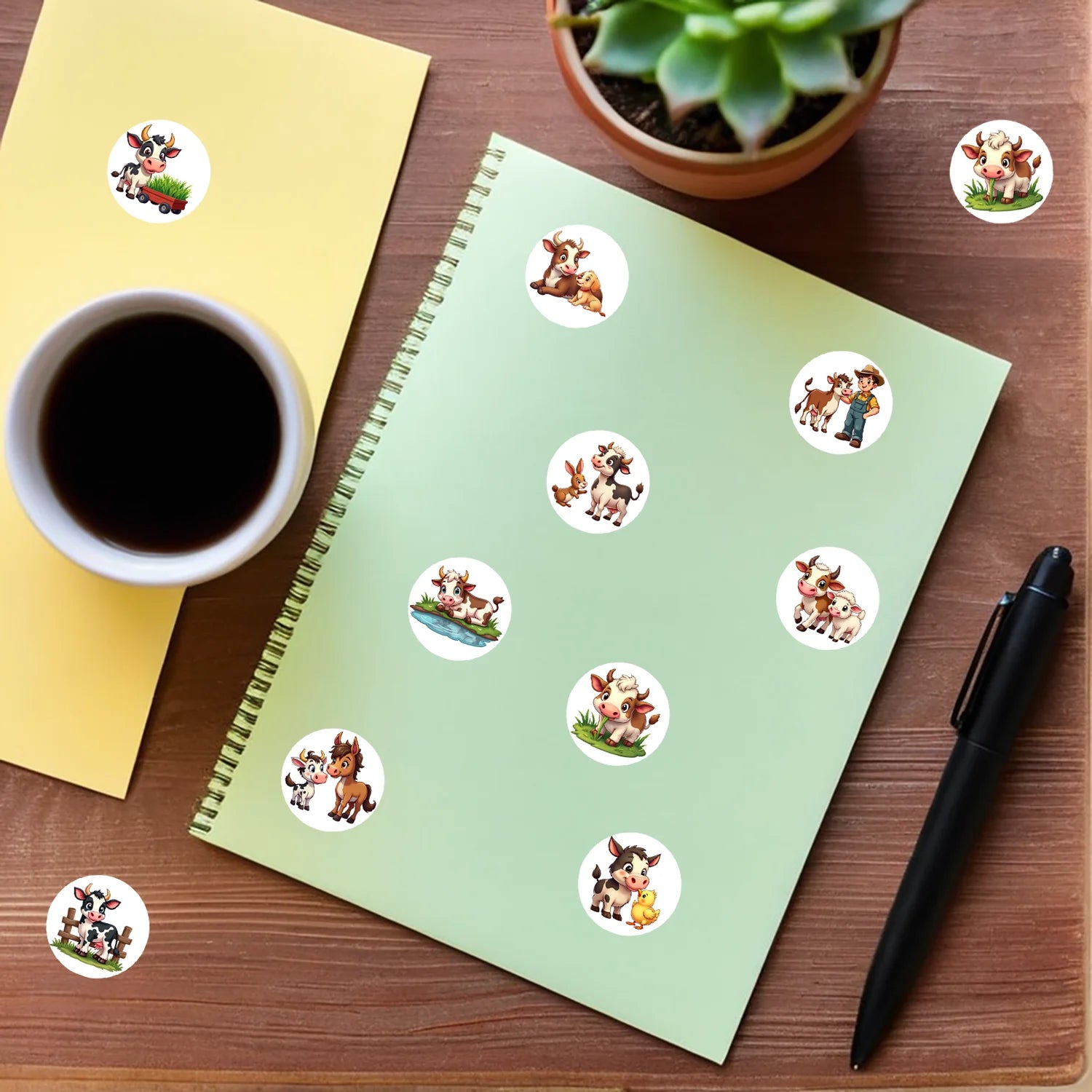 1Roll(500Pcs) Kawaii Little Cow and Farm Friends Stickers 2.5cm/1.0'' 10 Designs Decals Diy Adorn Gifts Package Sealing Labels